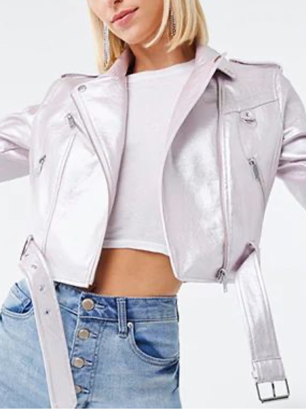 Forever 21 Metallic Pink Cropped Faux Leather Moto Biker Jacket